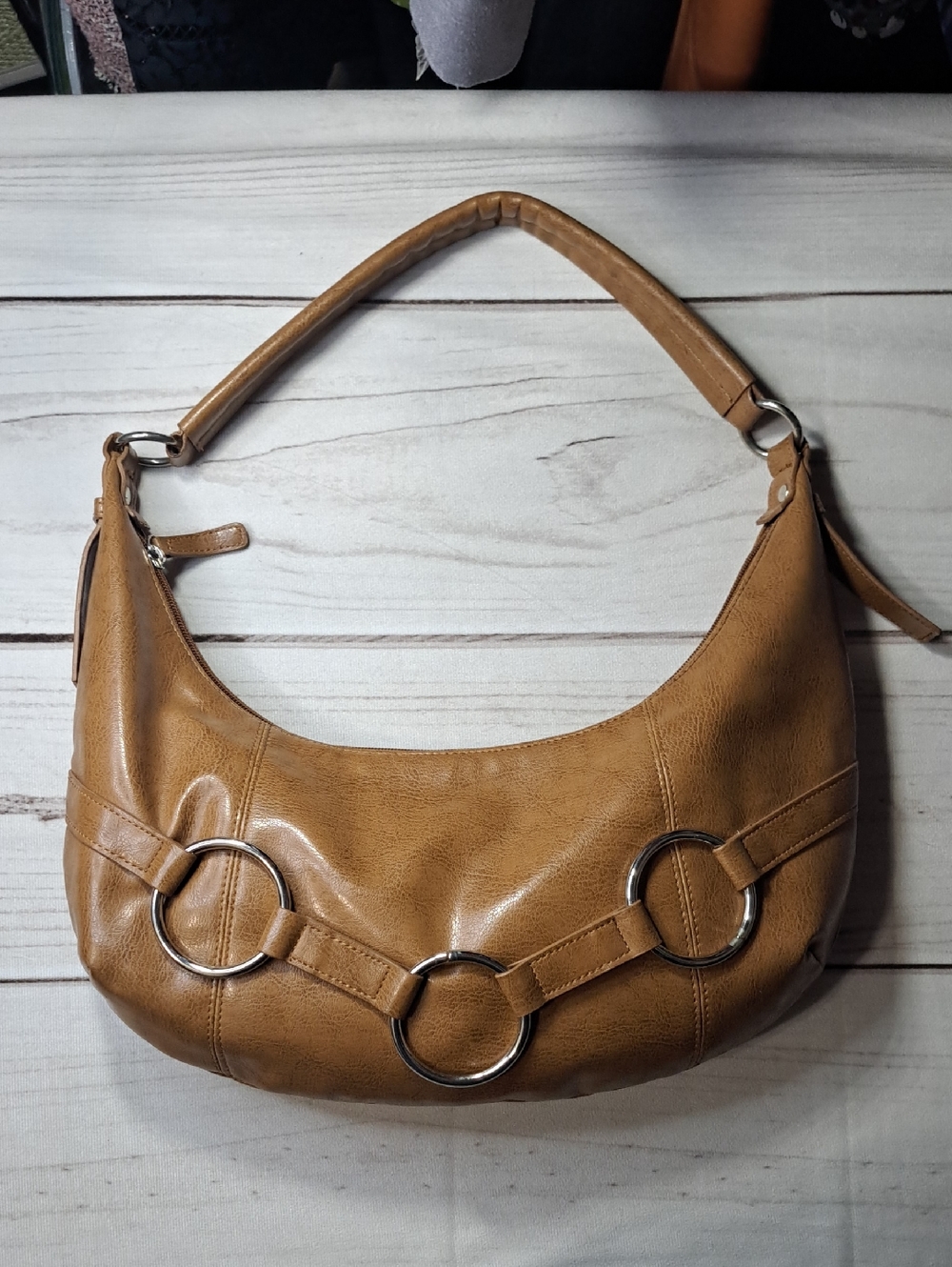 Women's Tan Hobo Shoulder Bag with Silver Ring Accents